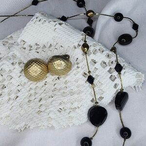 Vintage Gold tone Trifari Clip-On Earrings with a Black & Gold Tone Necklace